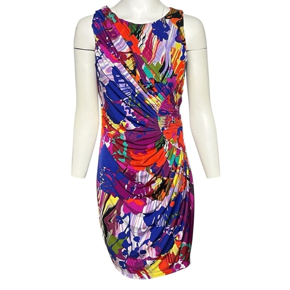 Suzi Chin Colorful Abstract Print Dress Ruched Stretchy Knit Jersey Size 6 - Picture 1 of 7